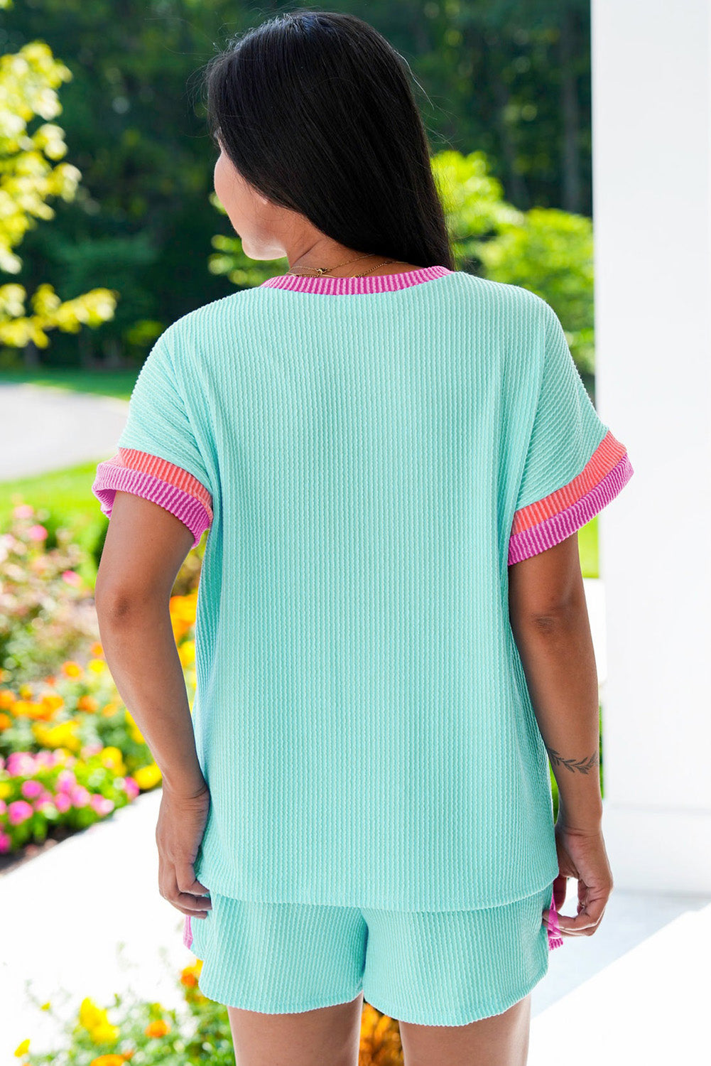 Light Blue Plus Size Color Block Knit Tee and Shorts Set. PSCollection