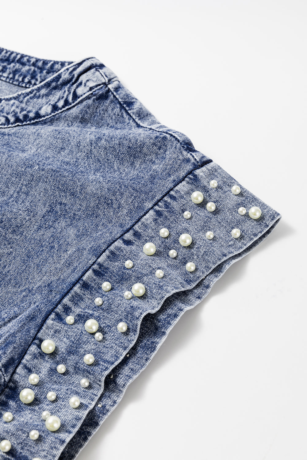 Blue Acid Wash Pearl Embellishments Denim Top. GCollection
