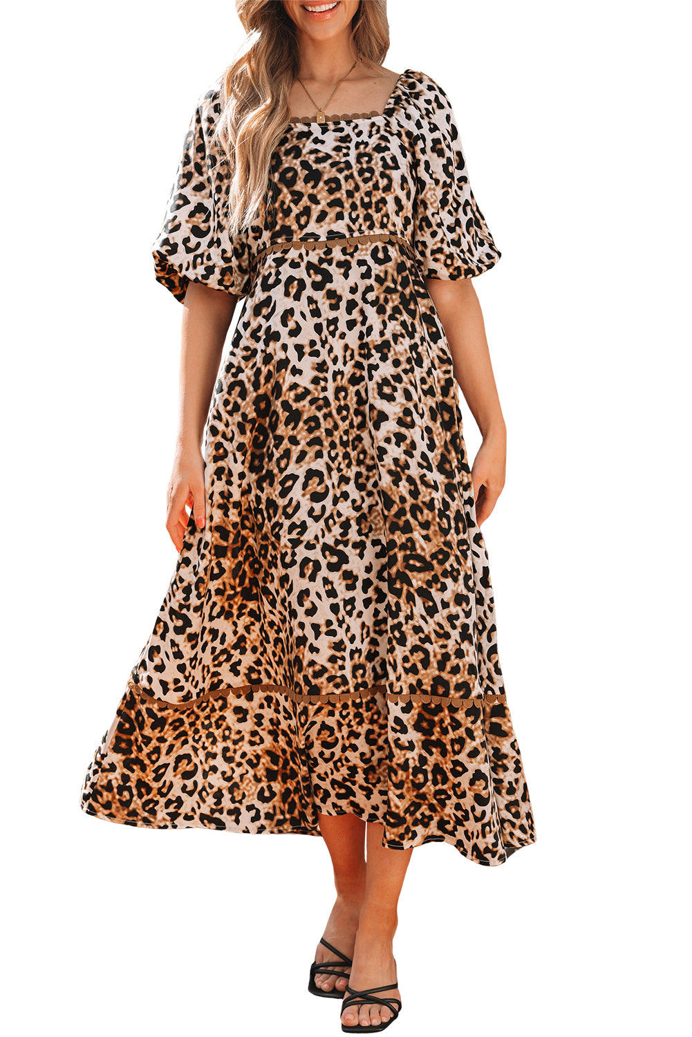 Brown Leopard Print Bubble Sleeve Maxi Dress. GCollection