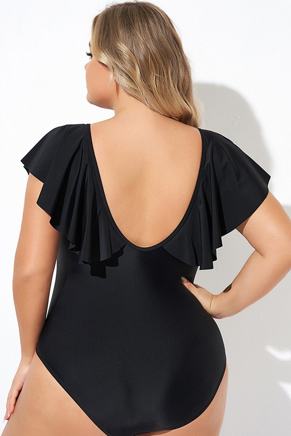 Black Ruffled Sleeve Plus Size One Piece Swimsuit. PSCollection