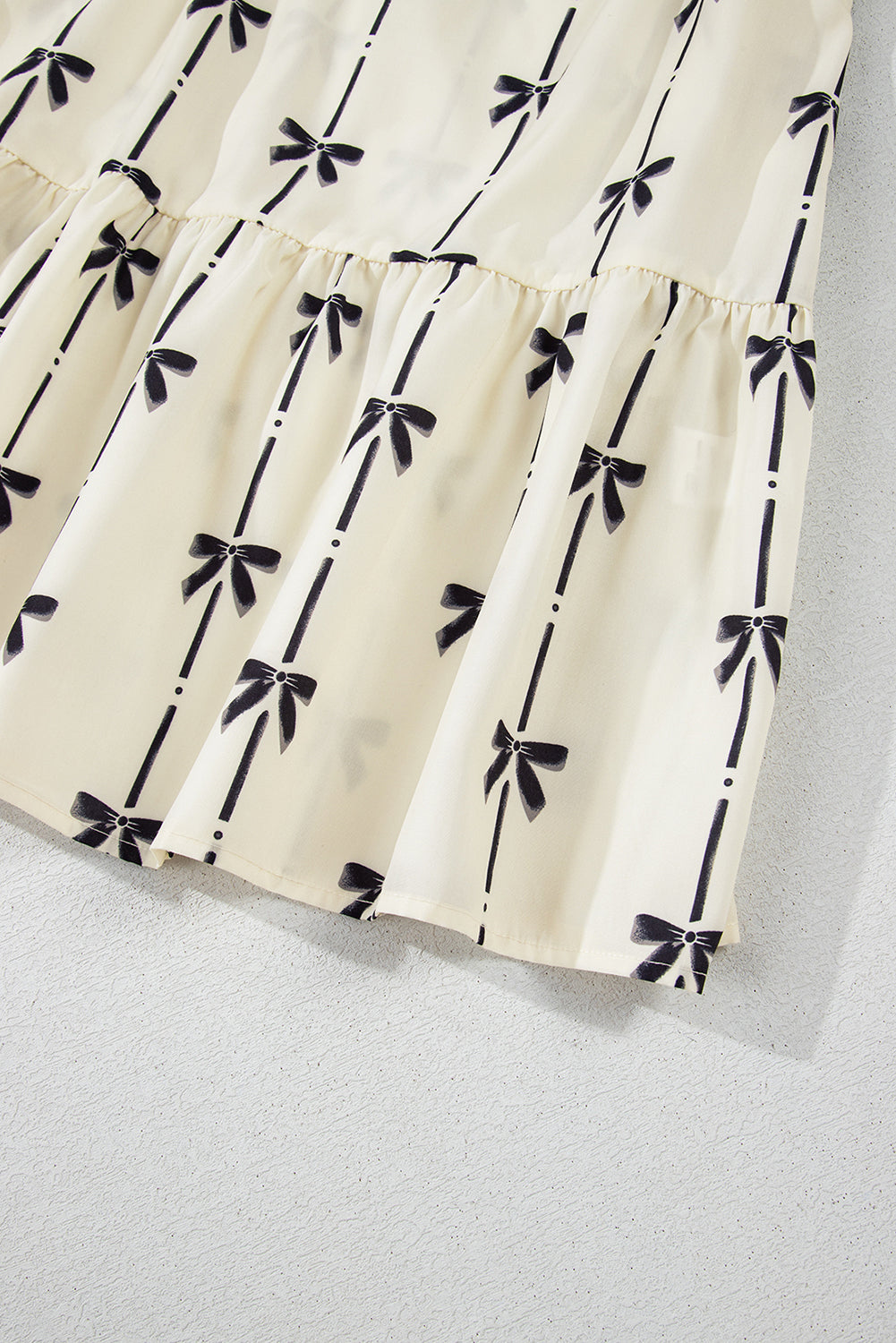 Beige Cute Bowknot Printed Bubble Sleeve V Neck Mini Dress. GCollection