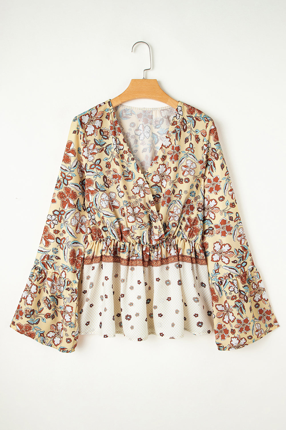 Yellow Printed Floral Bell Sleeve V Neck Wrapped Contrast Blouse. GCollection