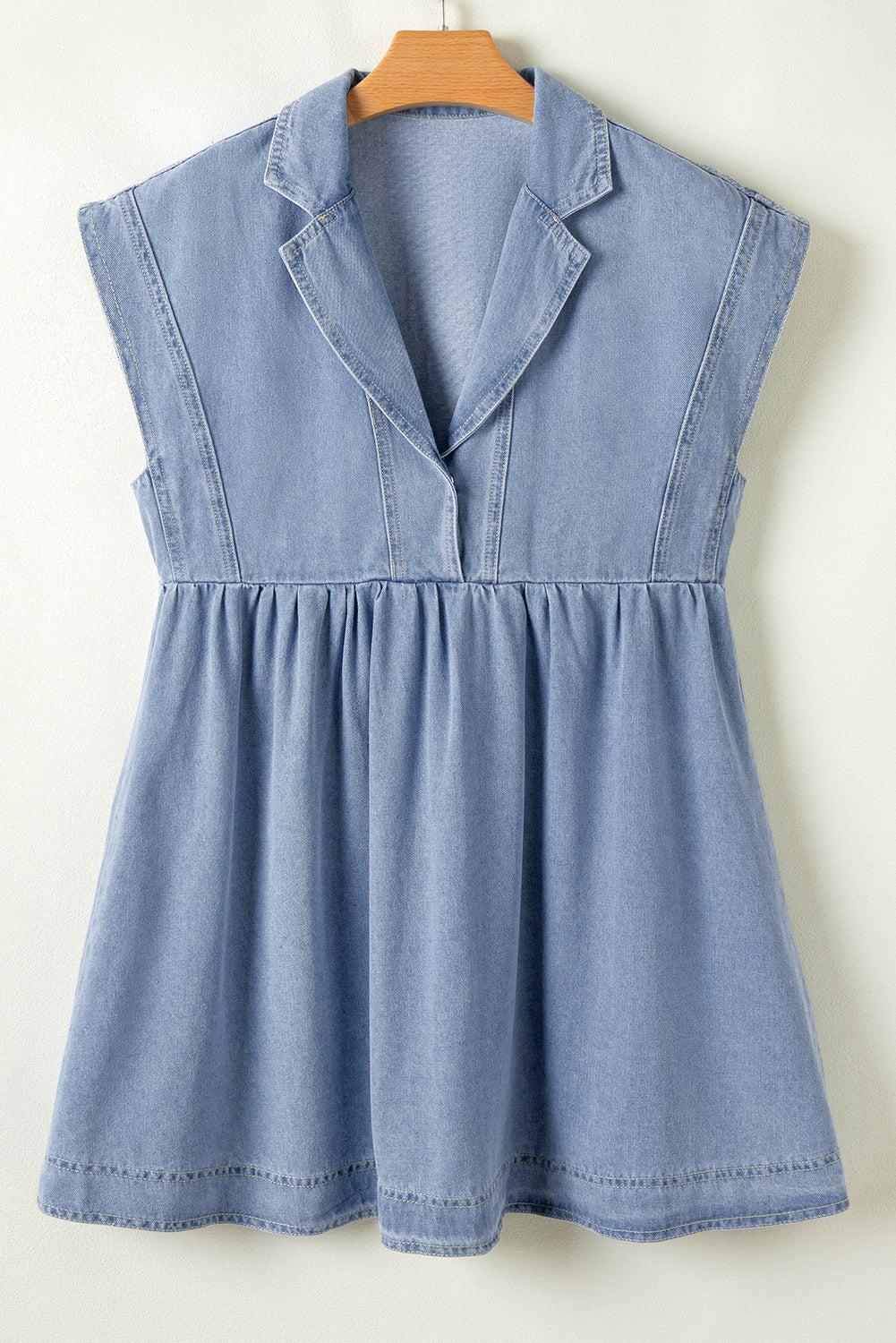 Blue Lapel Neck Cap Sleeve High Waist Denim Babydoll Dress. GCollection