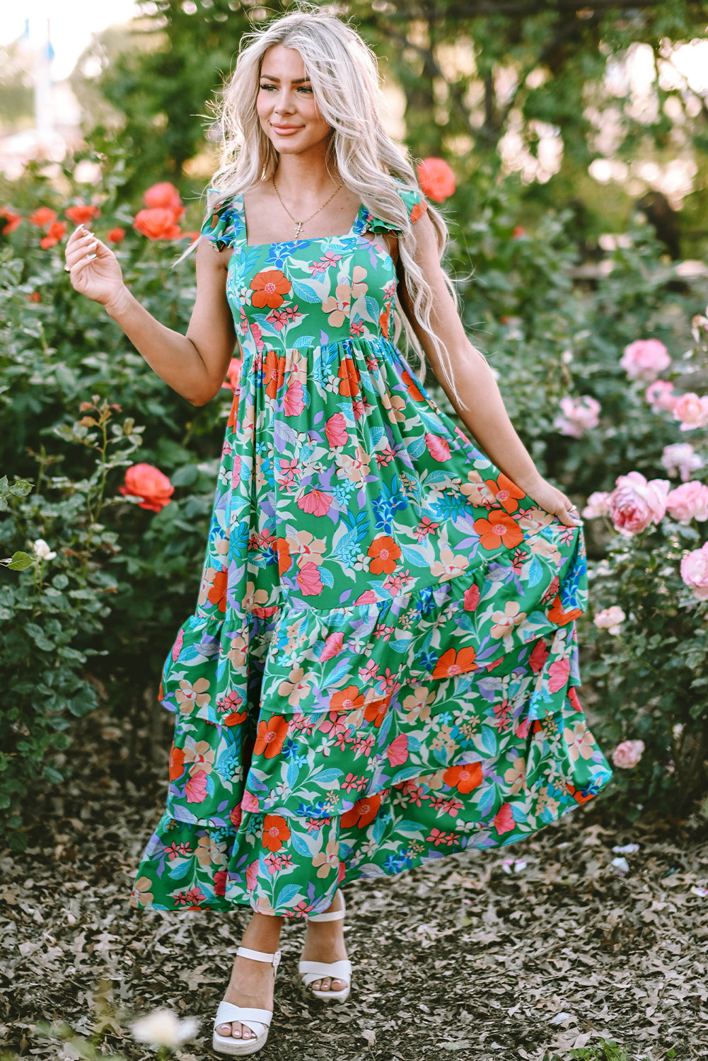 Green Floral Print Sleeveless Ruffle Tiered Maxi Dress. GCollection