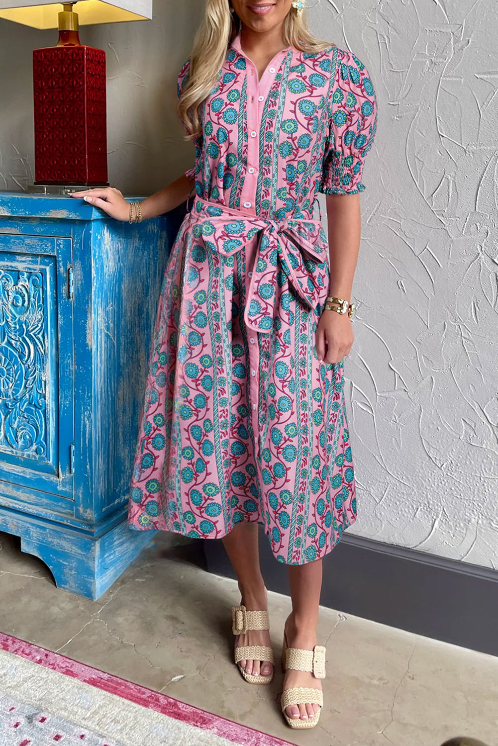 Pink Floral Puff Sleeve Buttoned Front Midi Dress with Sash. GCollection