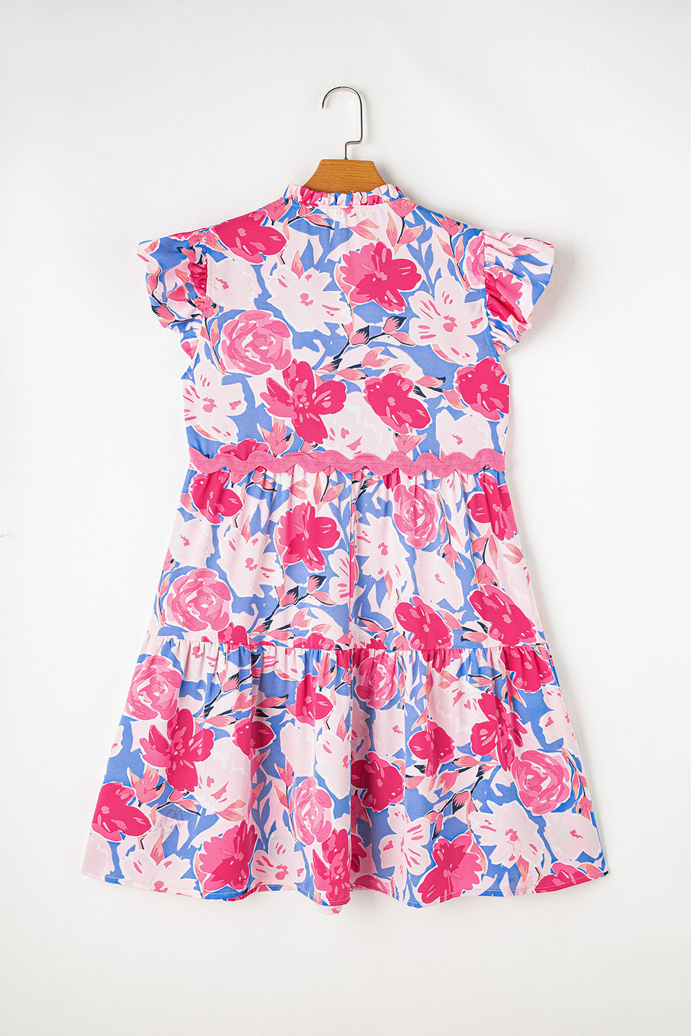 Pink Floral Printed V Notched Ric Rac Flutter Sleeve Dress. GCollection