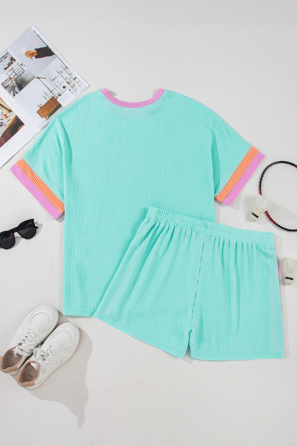 Light Blue Plus Size Color Block Knit Tee and Shorts Set. PSCollection