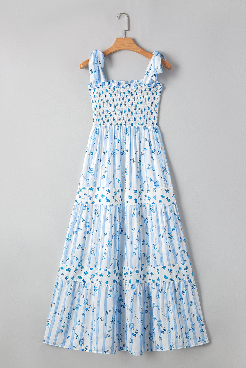 Sky Blue Floral Smocked Tied Straps A-Lined Maxi Dress. GCollection