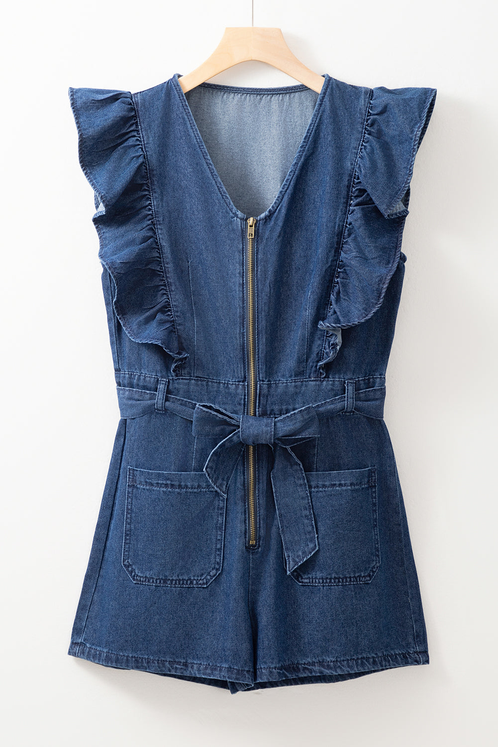 Sail Blue Denim Ruffled Zipped Front Belted Romper. GCollection