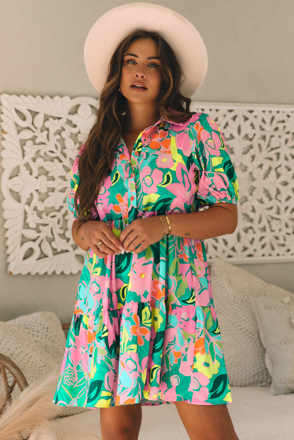 Green Floral Puff Sleeve Collar Buttoned Babydoll Dress. GCollection