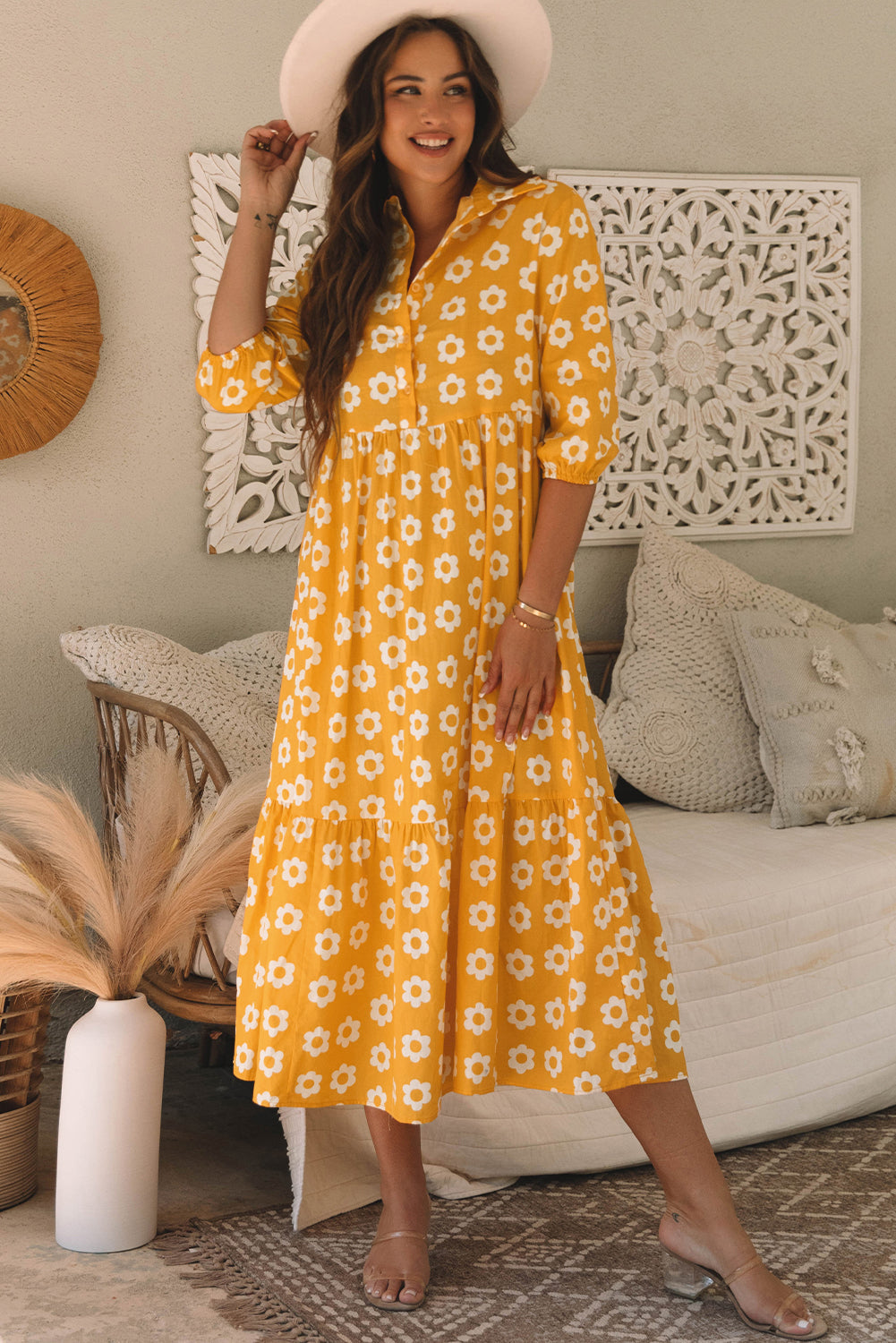 Yellow Flower Print Maxi Dress. GCollection