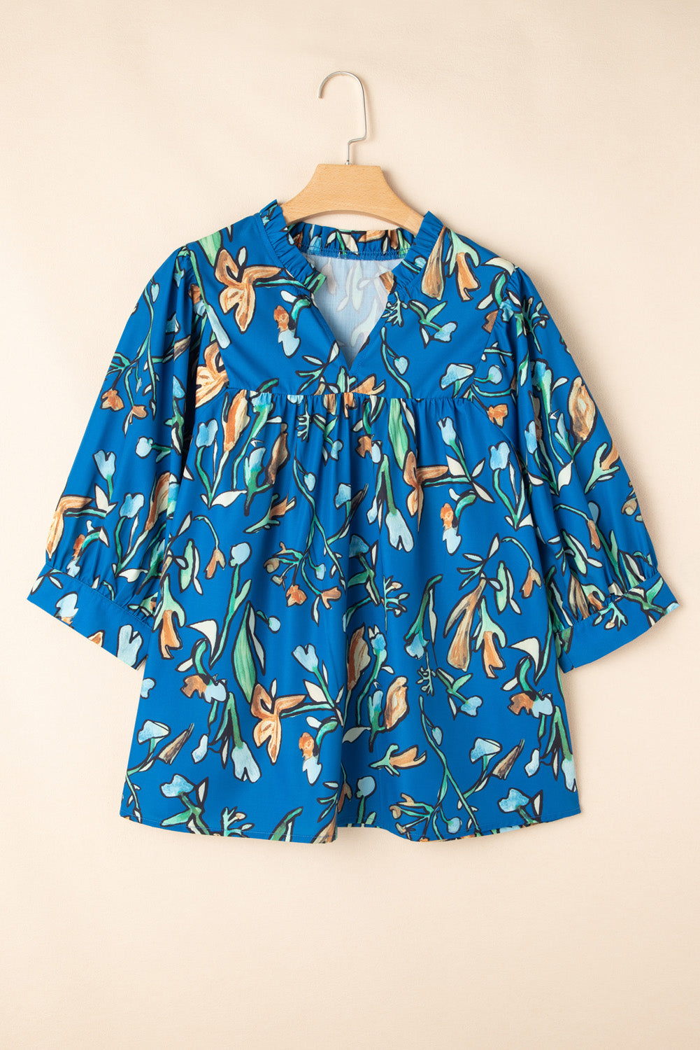Blue Floral Notched V Neck Half Sleeve Plus Size Blouse. PSCollection