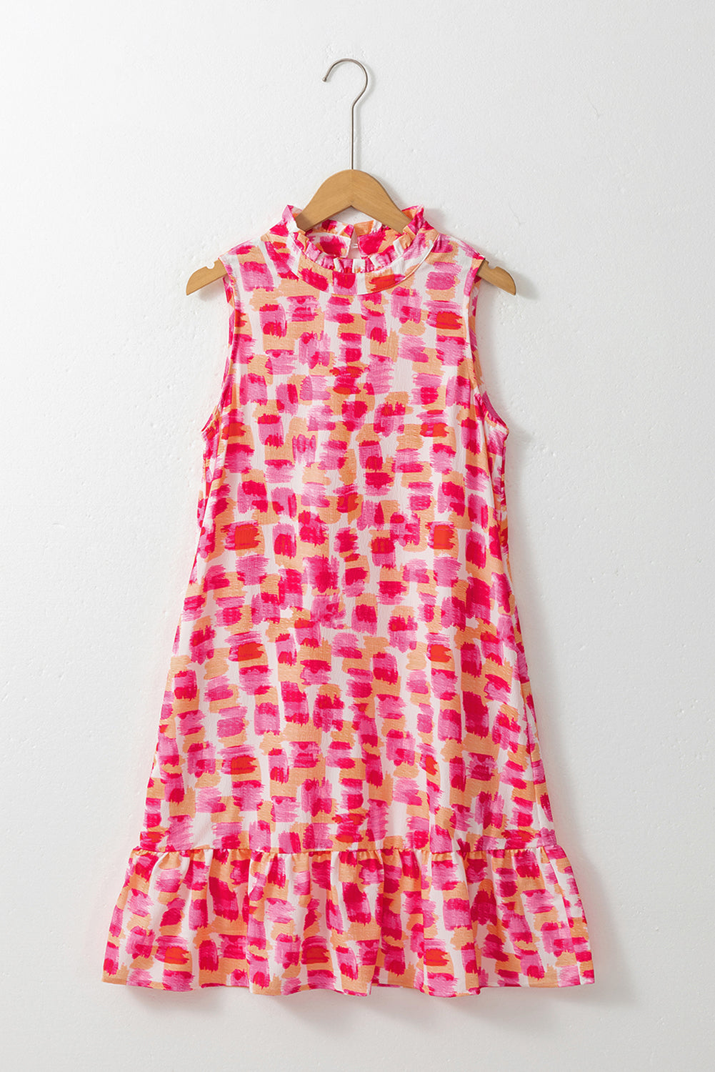 Pink Abstract Print Frilly Neck Sleeveless Mini Dress. GCollection