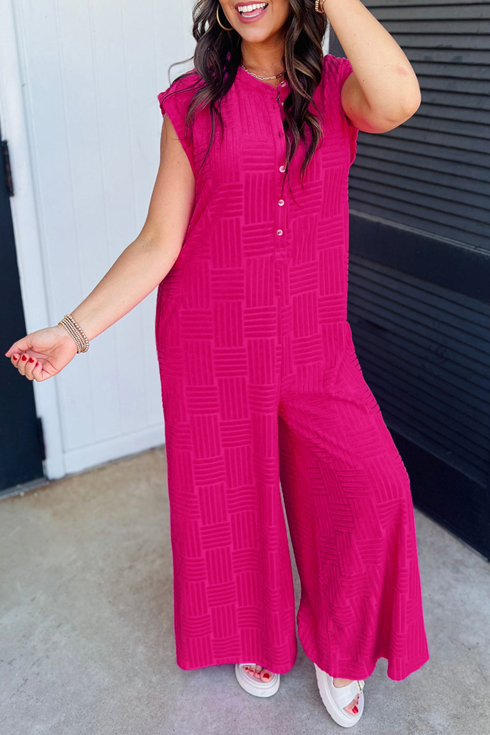 Bright Pink Terry Textured Jumpsuit. GCollection