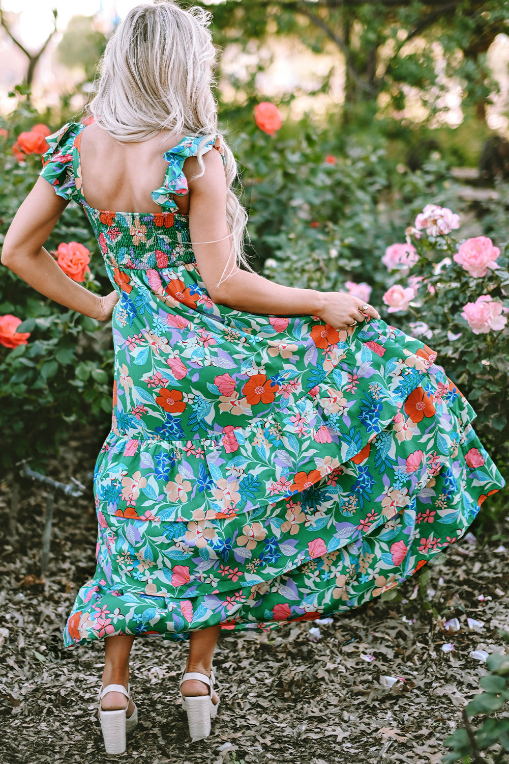 Green Floral Print Sleeveless Ruffle Tiered Maxi Dress. GCollection