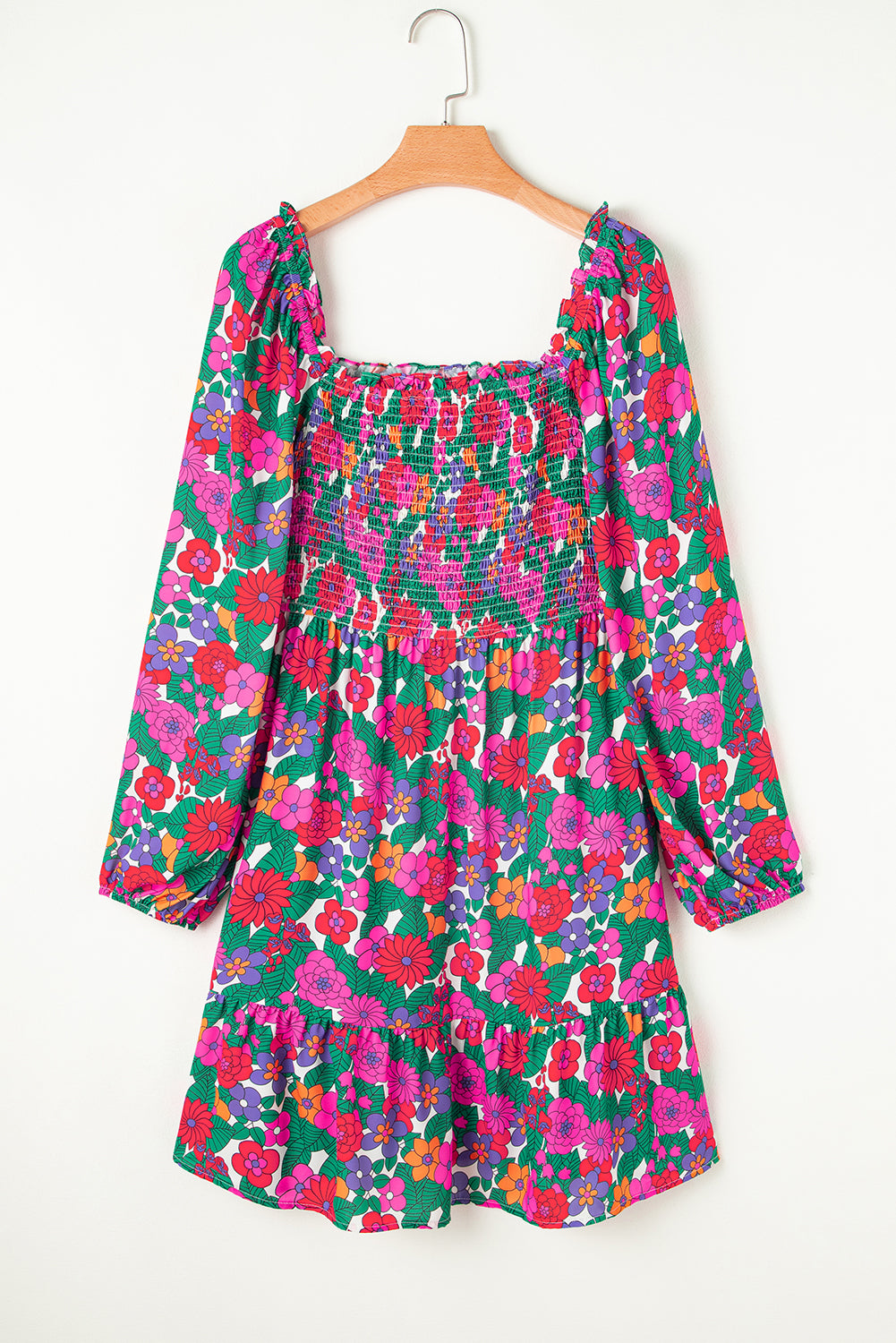 Floral Frilled Square Neck Shirred Long Sleeve Dress. PSCollection