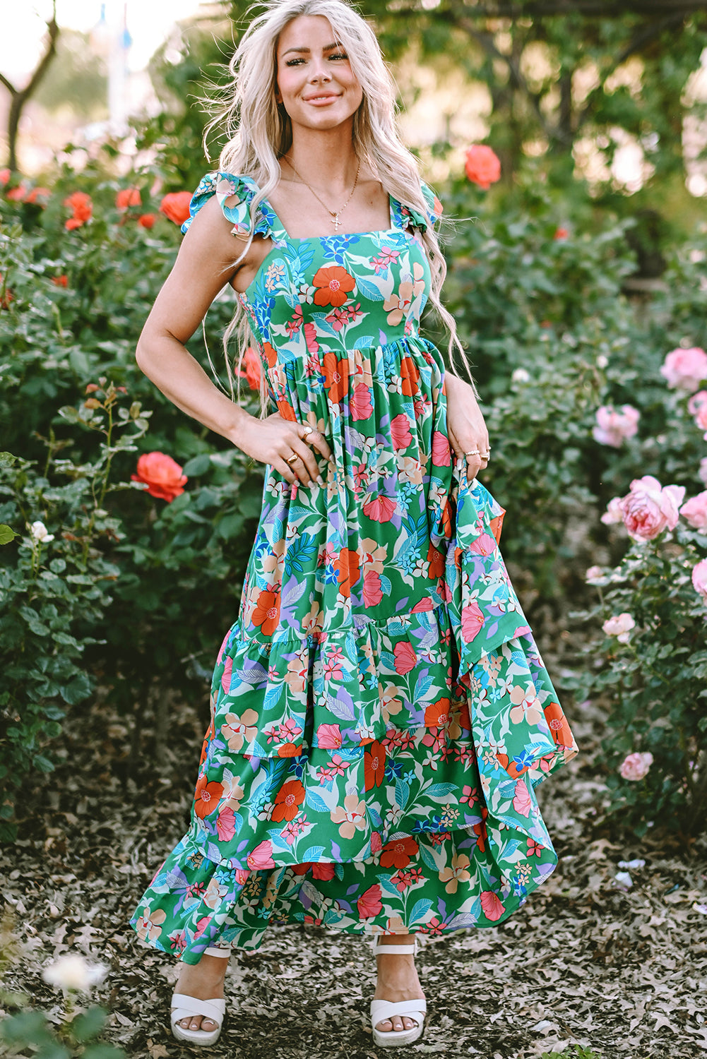 Green Floral Print Sleeveless Ruffle Tiered Maxi Dress. GCollection
