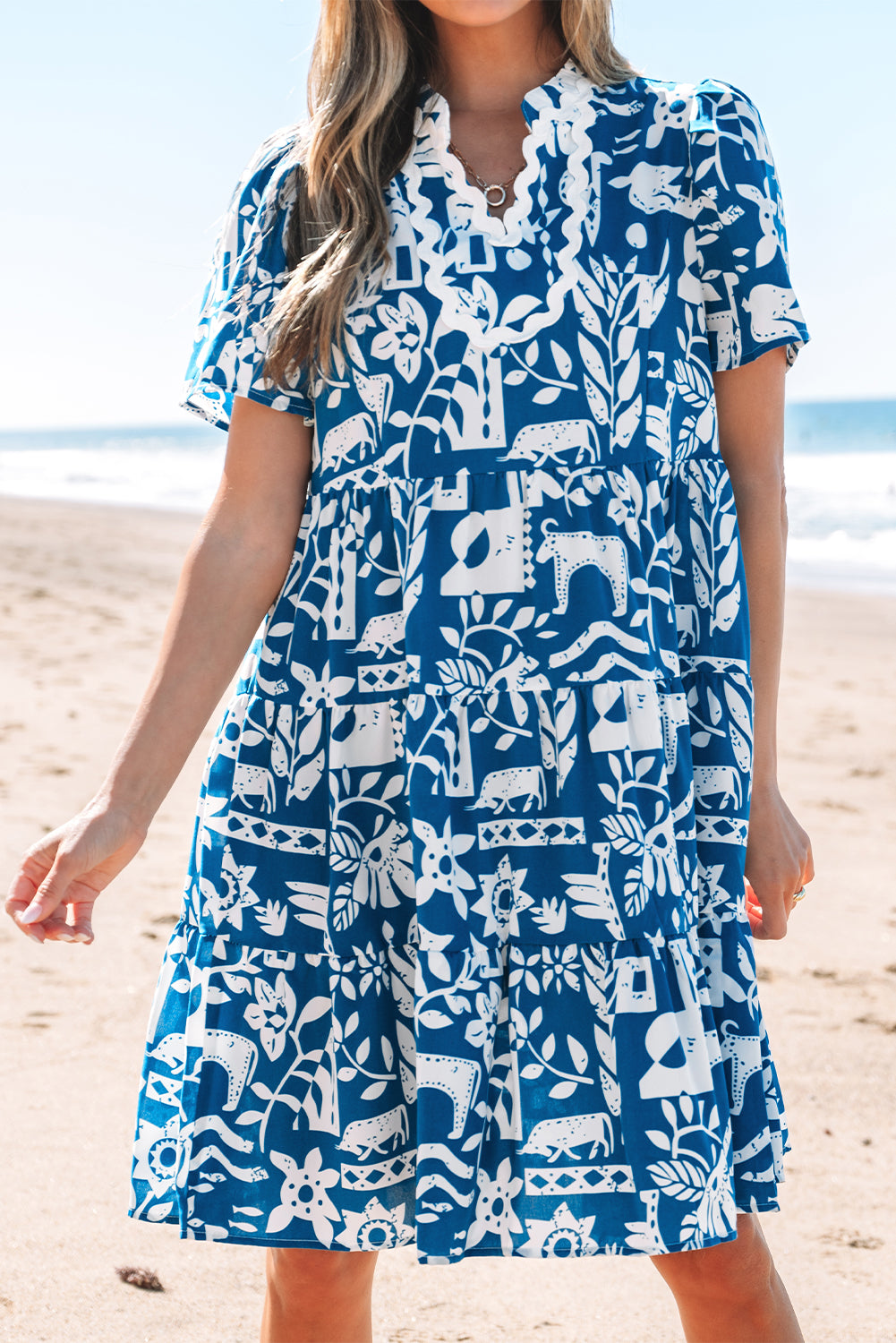 Blue Ricrac Trim Split Neck Floral Loose Dress. GCollection