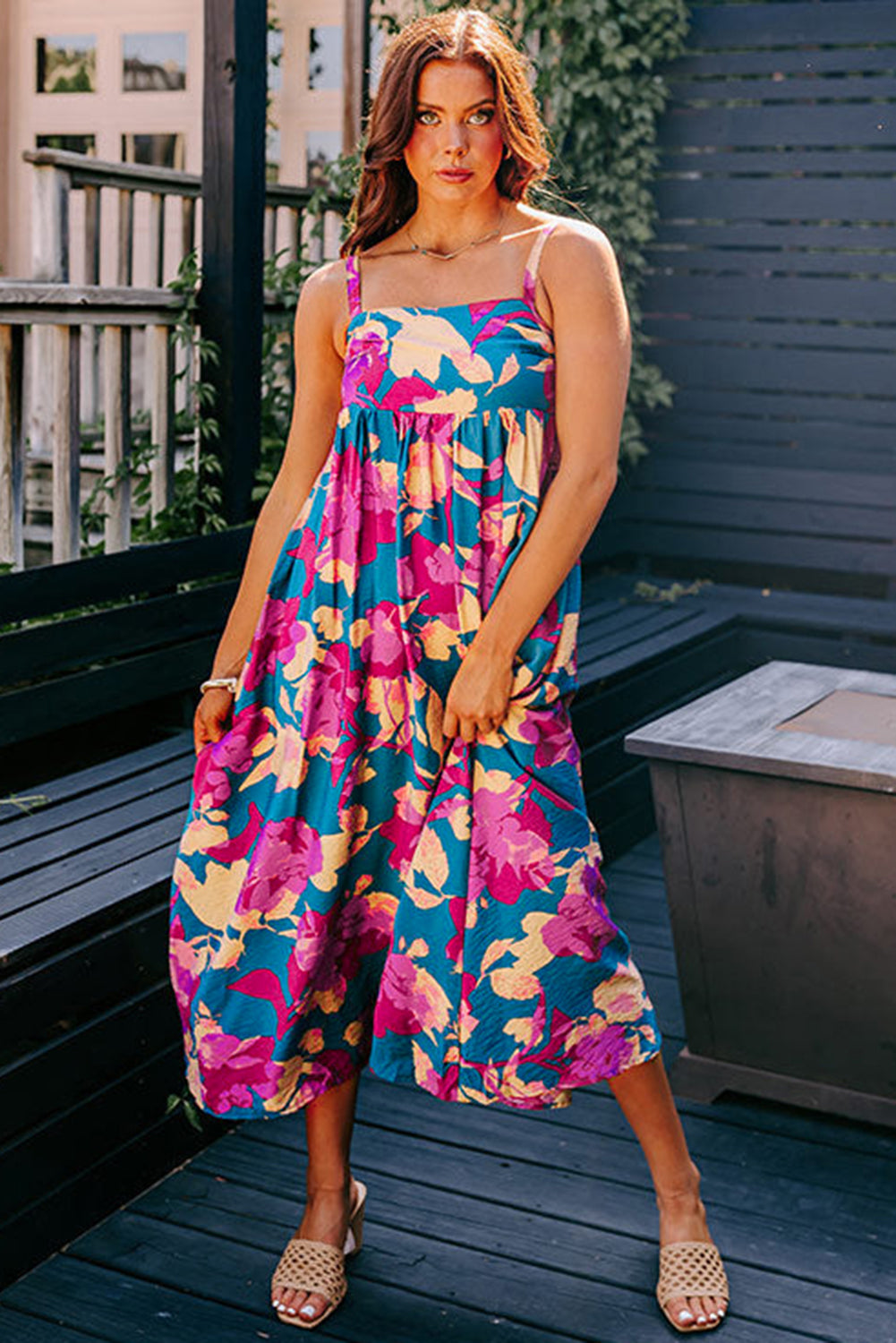 Dark Blue Floral High Waist Long Dress. GCollection