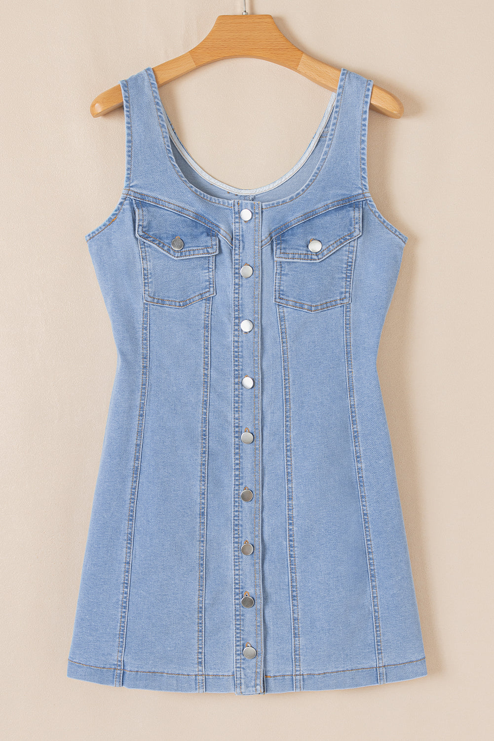 Blue Light Wash Denim Buttoned Slim Mini Dress. GCollection