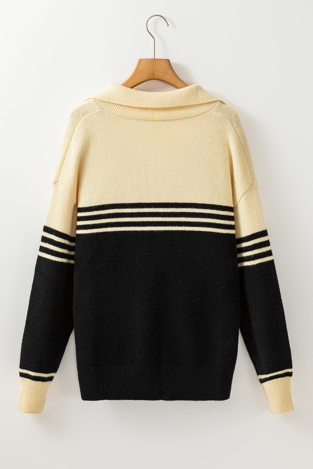 Black Colorblock Stripe Collared V Neck Sweater. GCollection