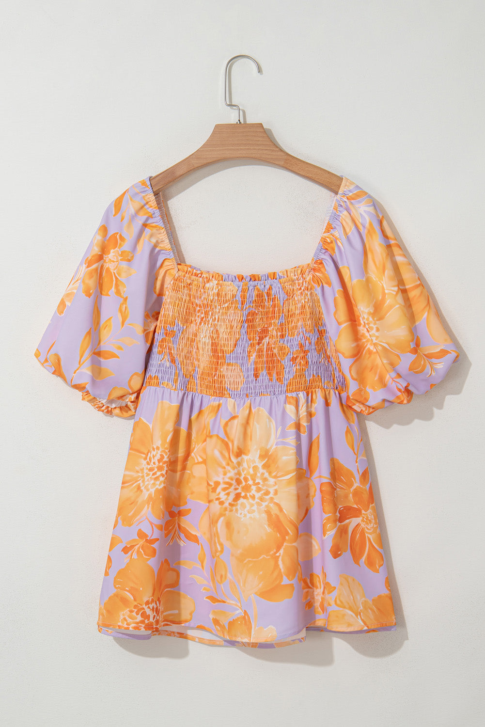 Floral Puff Sleeve Smocked Plus Size Babydoll Blouse. PSCollection