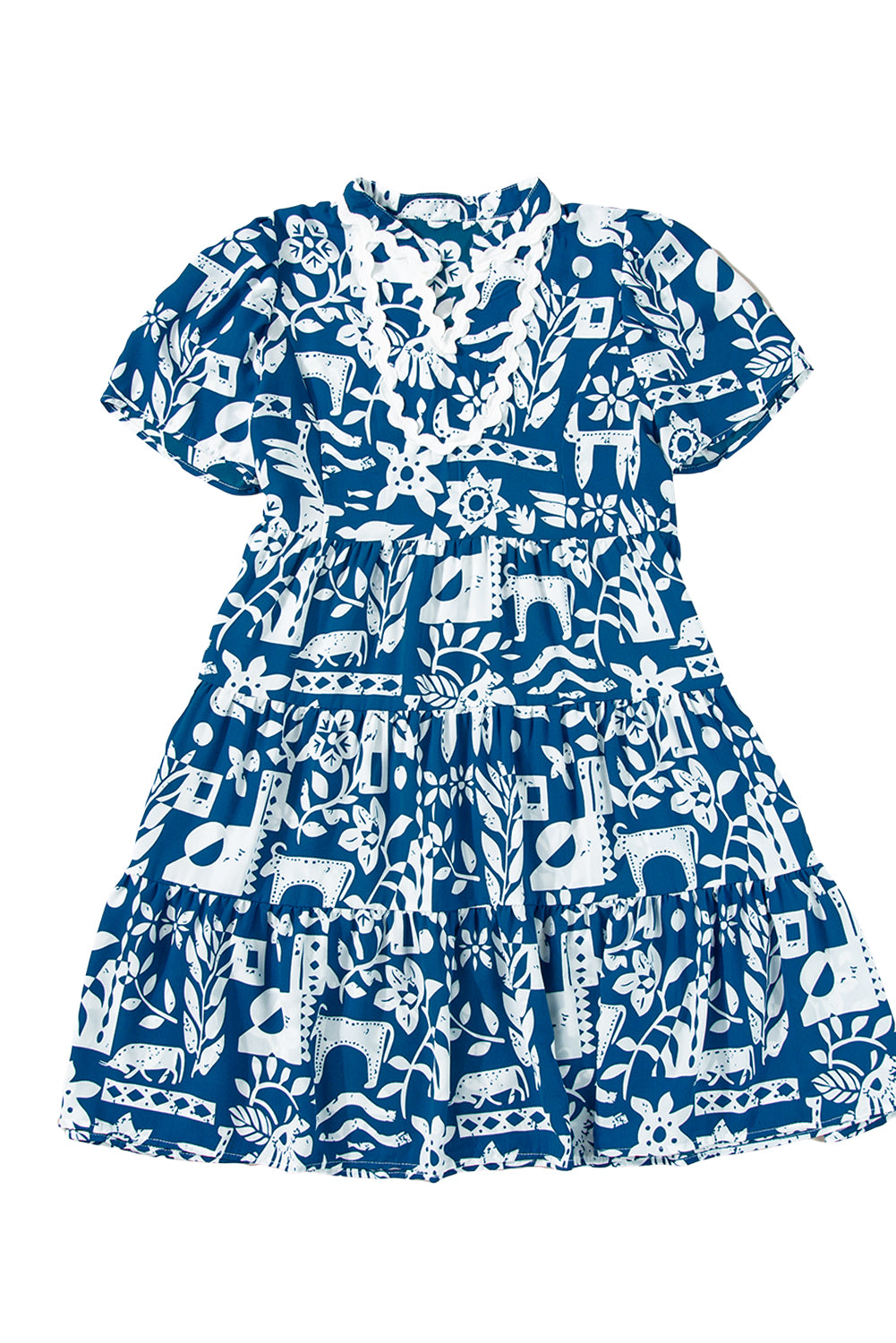 Blue Ricrac Trim Split Neck Floral Loose Dress. GCollection