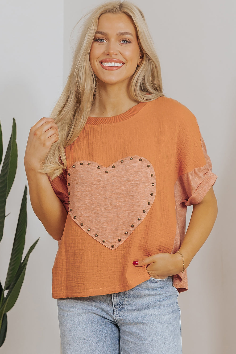 Desert Gold Stud Heart Patch Textured Top. GCollection