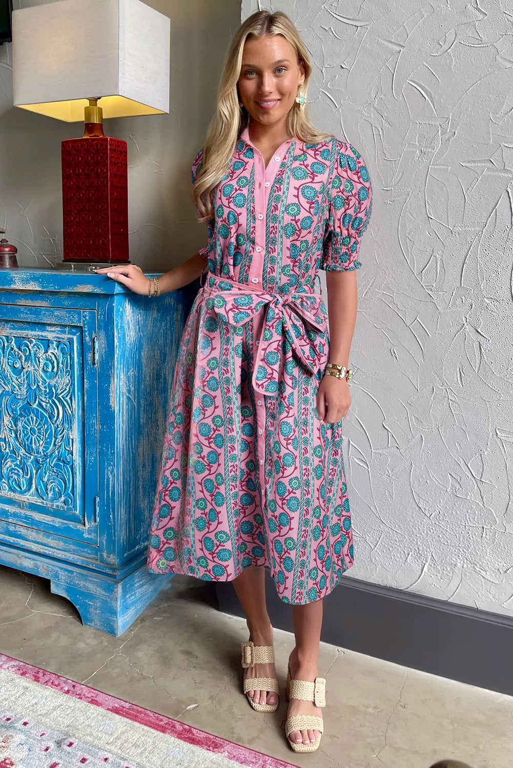 Pink Floral Puff Sleeve Buttoned Front Midi Dress with Sash. GCollection