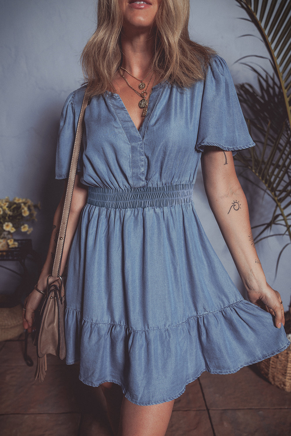 Blue Ruffled V Neck Smocked High Waist Denim Mini Dress. GCollection