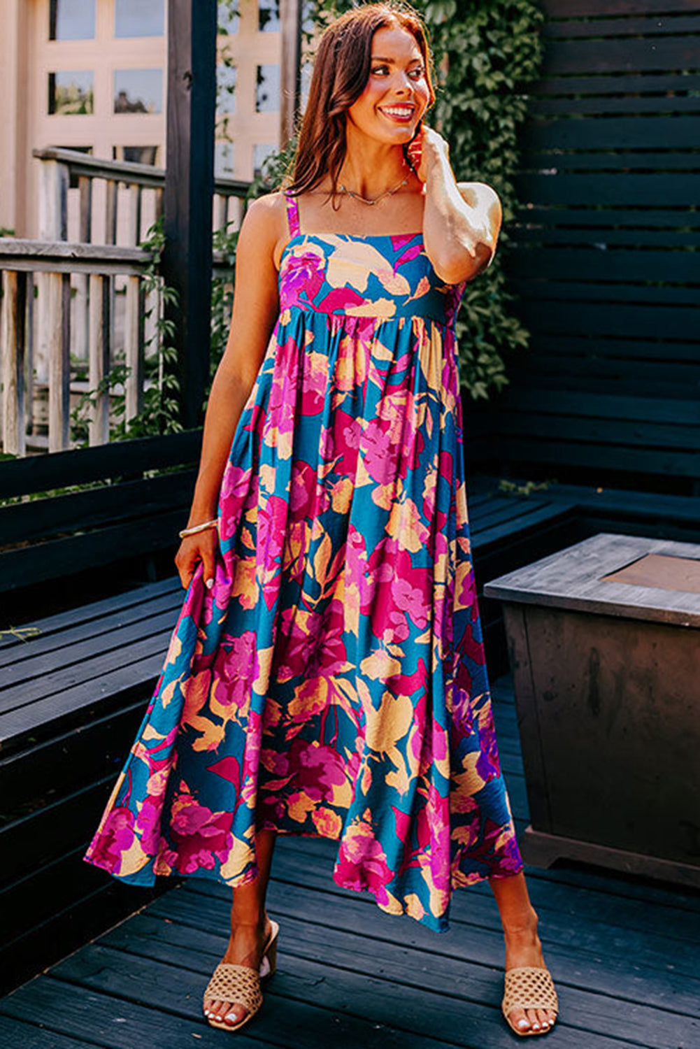 Dark Blue Floral High Waist Long Dress. GCollection