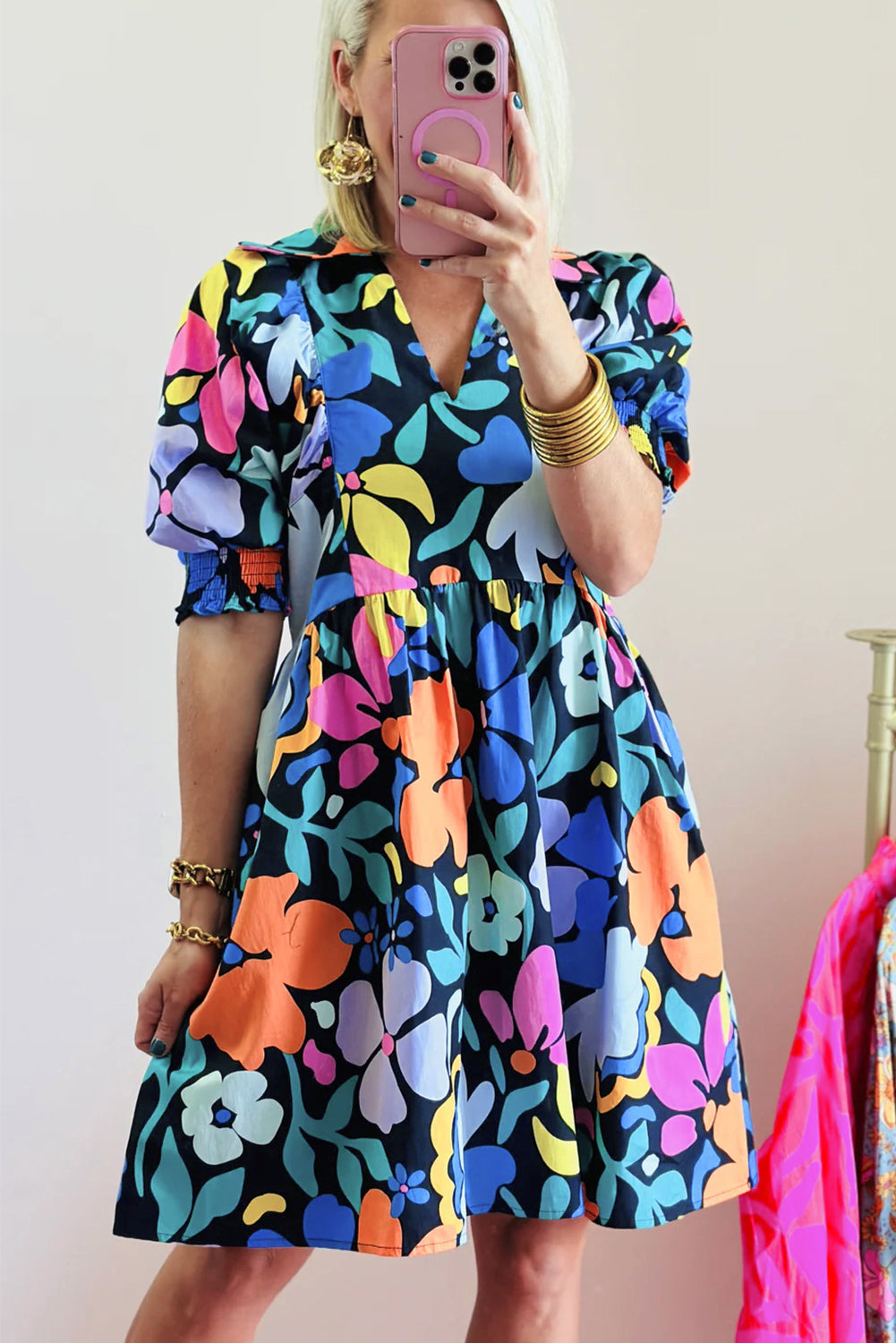 Blue Collared Split Neck Floral Flared Dress. GCollection