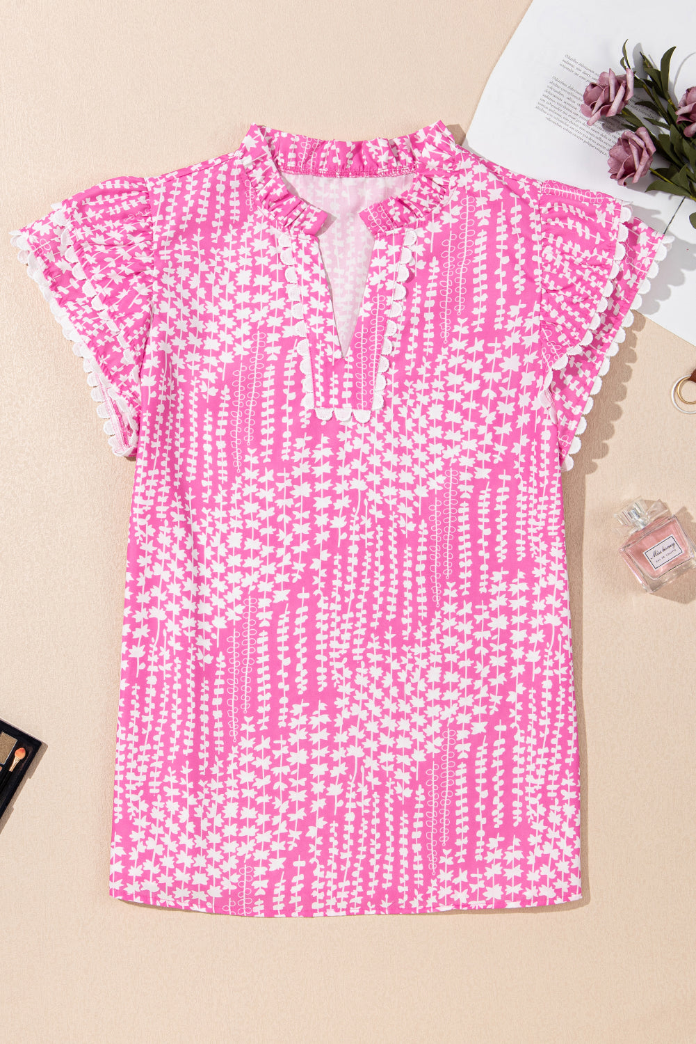 Pink Abstract Print Ric Rac Trim Blouse. GCollection