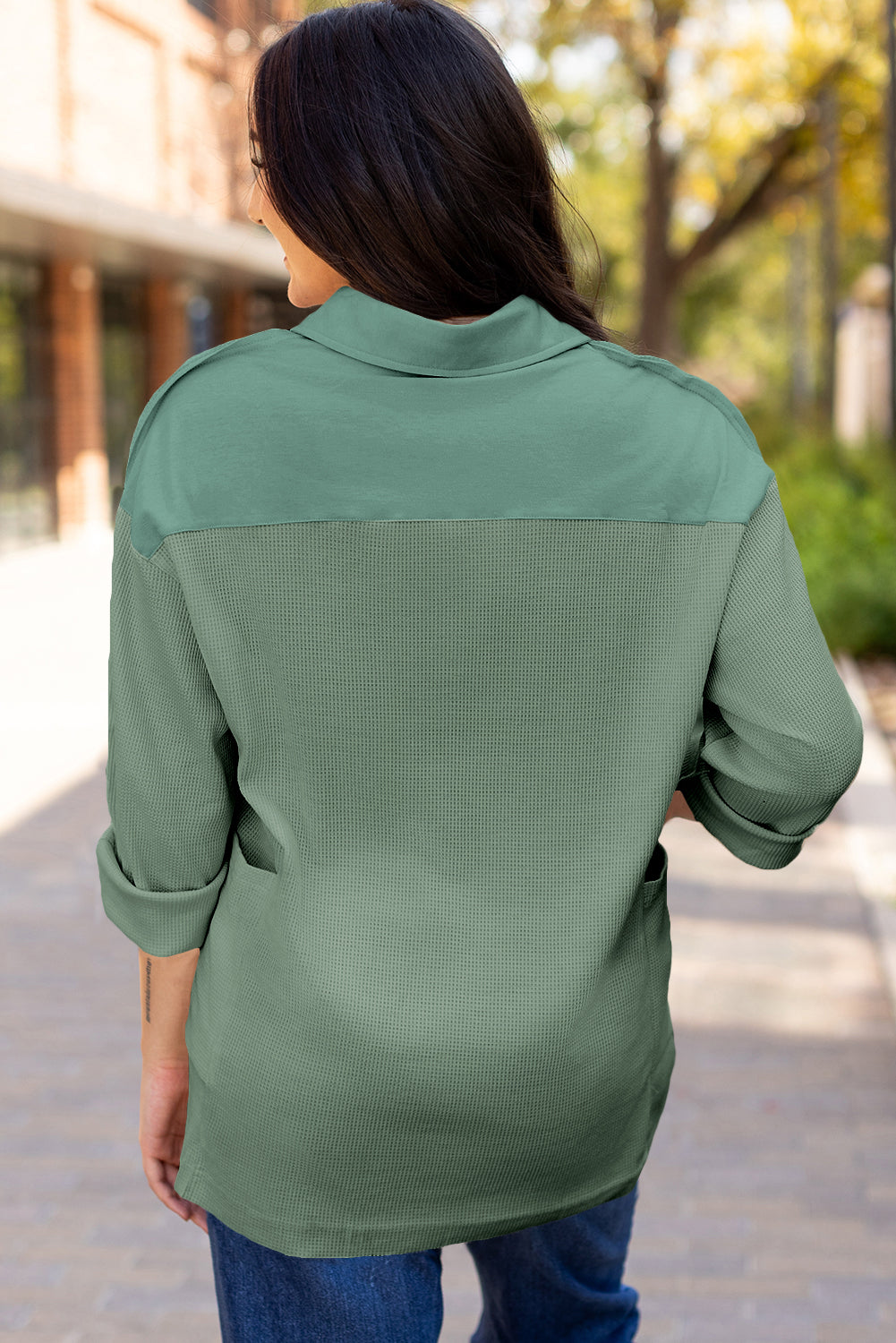 Smoke Green Waffle Half Button Loose Top. GCollection