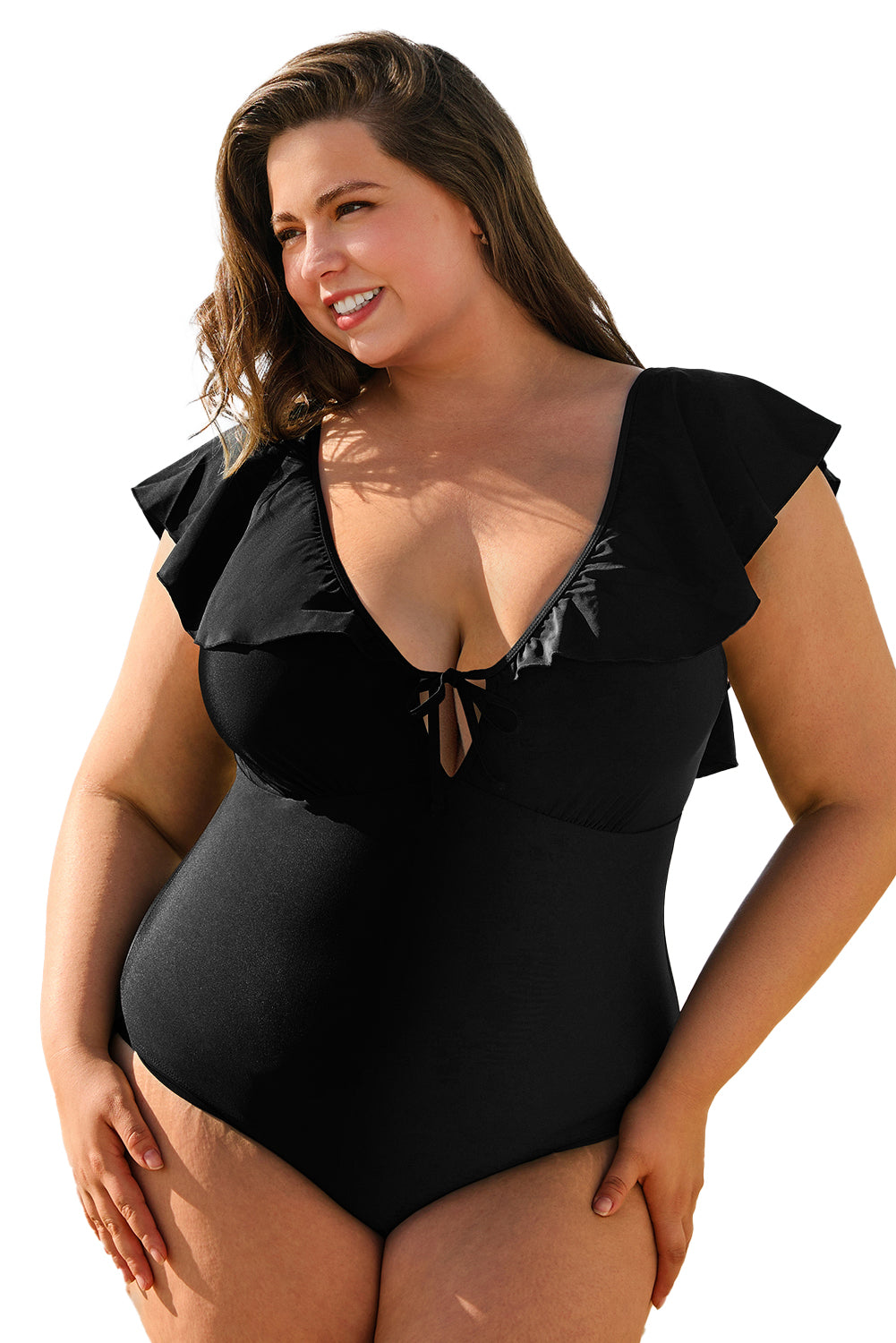 Black Ruffled Sleeve Plus Size One Piece Swimsuit. PSCollection