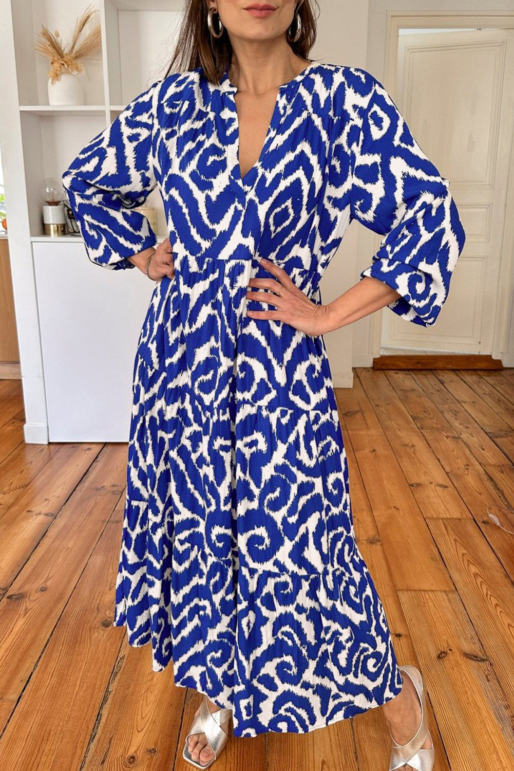 Blue Western Abstract Geometric Printed Maxi Dress. GCollection