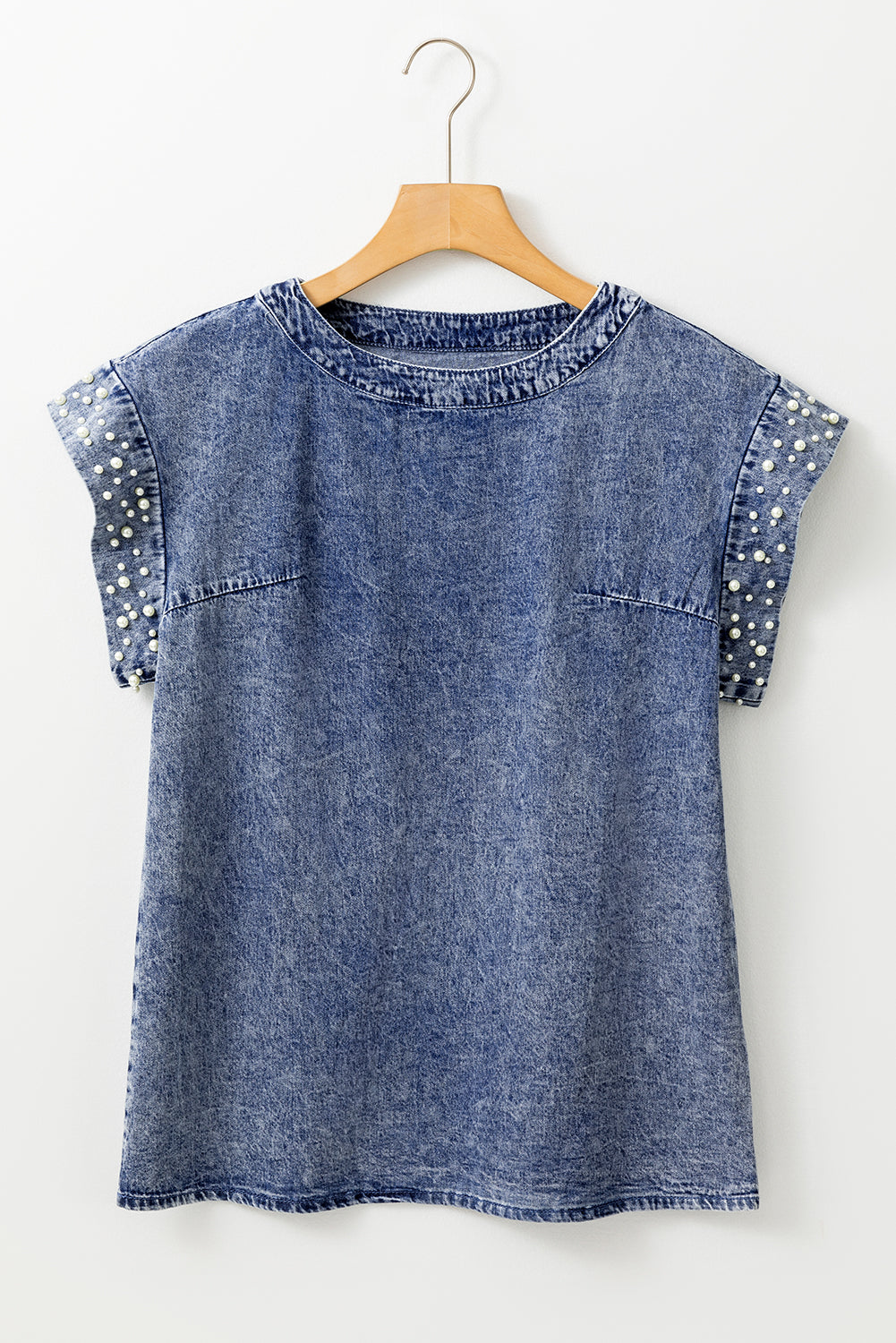 Blue Acid Wash Pearl Embellishments Denim Top. GCollection