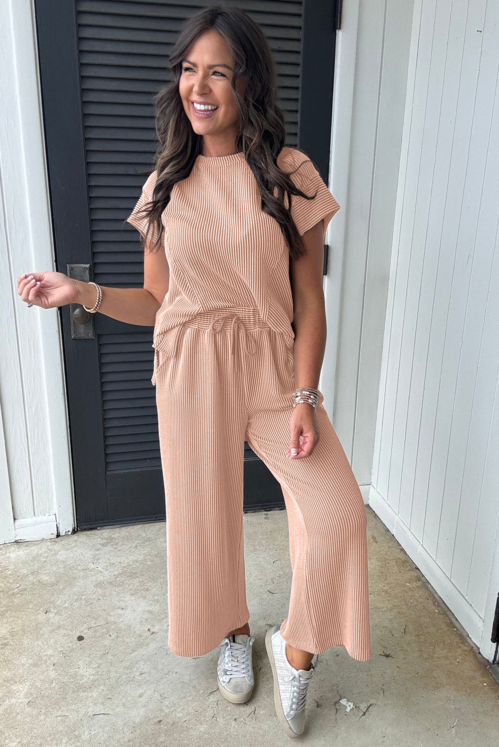 Smoke Gray Solid Corded Knit Short Sleeve T Shirt and Wide Leg Pants Set. GCollection