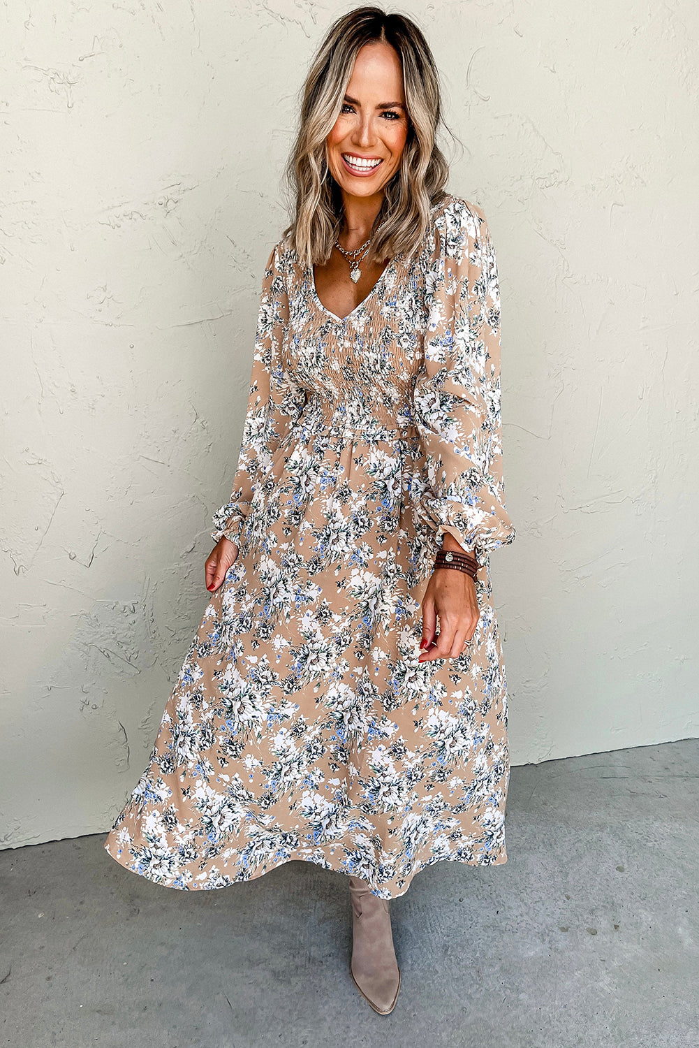 Khaki Maple Grove Floral Smocked Puff Sleeve Long Dress. GCollection