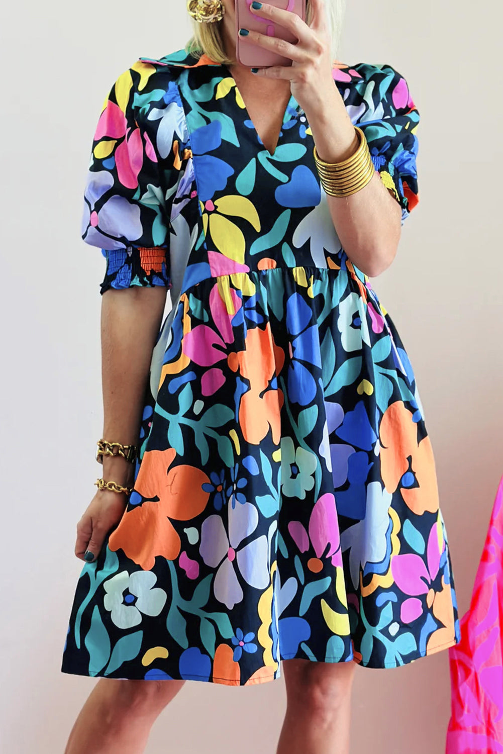 Blue Collared Split Neck Floral Flared Dress. GCollection