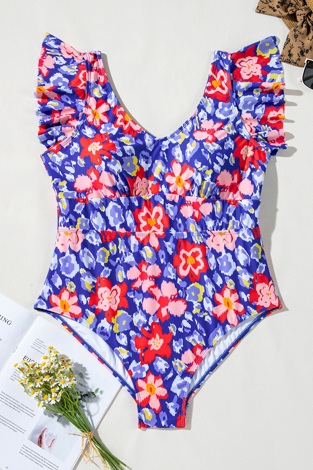 Floral Print Ruffled V Neck High Waist One Piece Swimwear. PSCollection