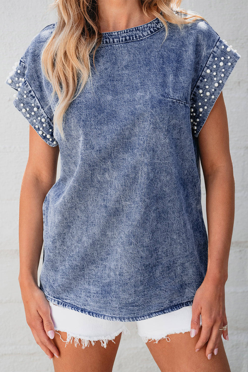 Blue Acid Wash Pearl Embellishments Denim Top. GCollection