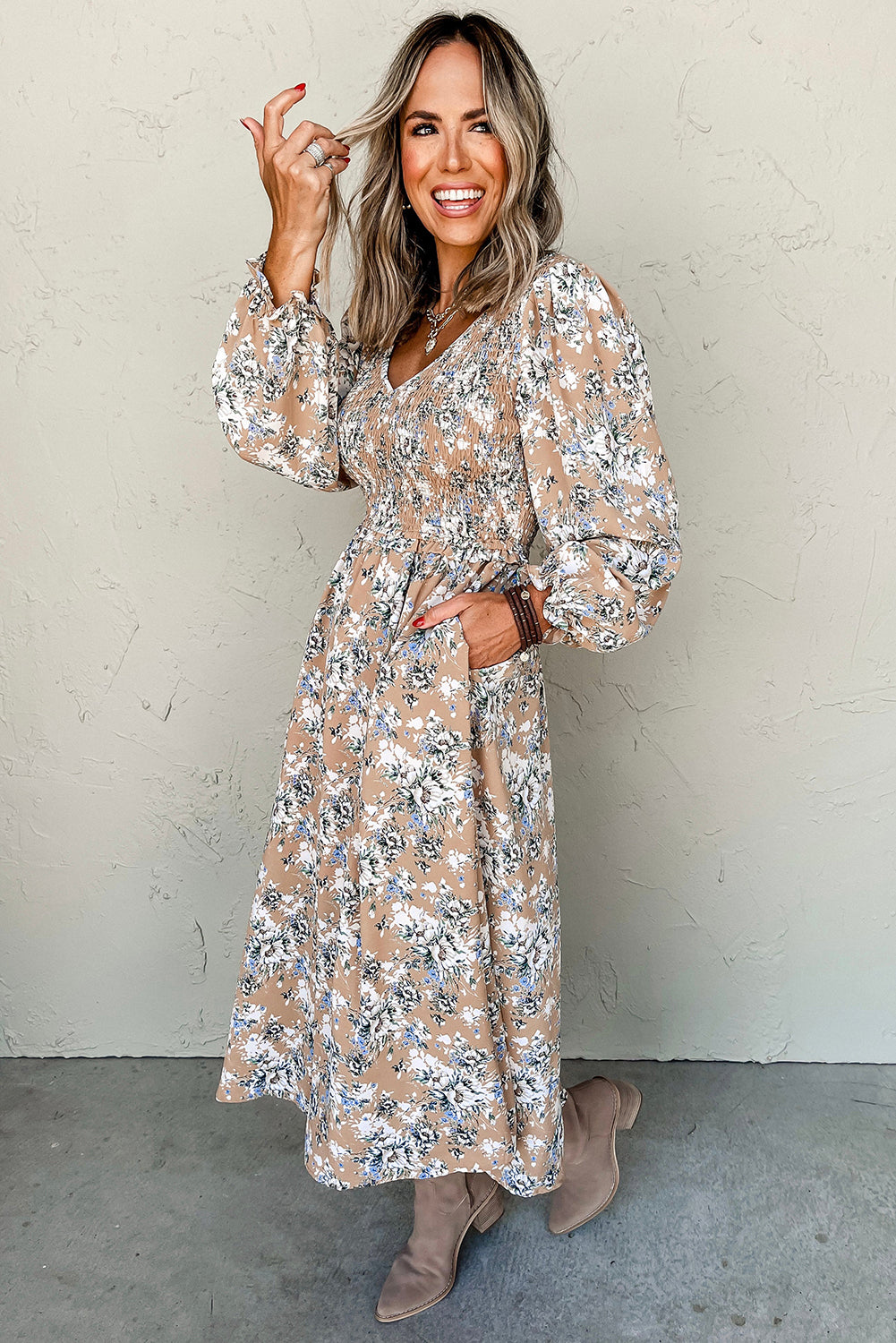 Khaki Maple Grove Floral Smocked Puff Sleeve Long Dress. GCollection