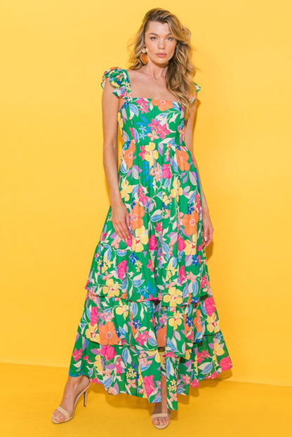 Green floral print maxi dress (9570)