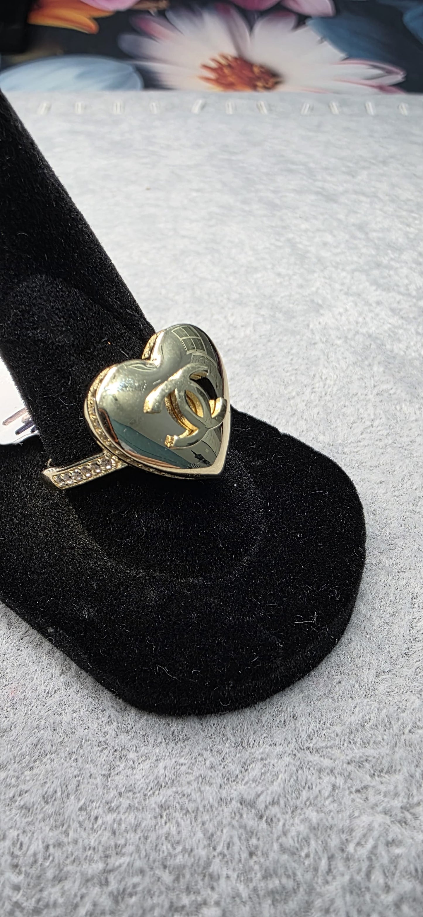 14K solid gold CC puffy heart ring with white stones.