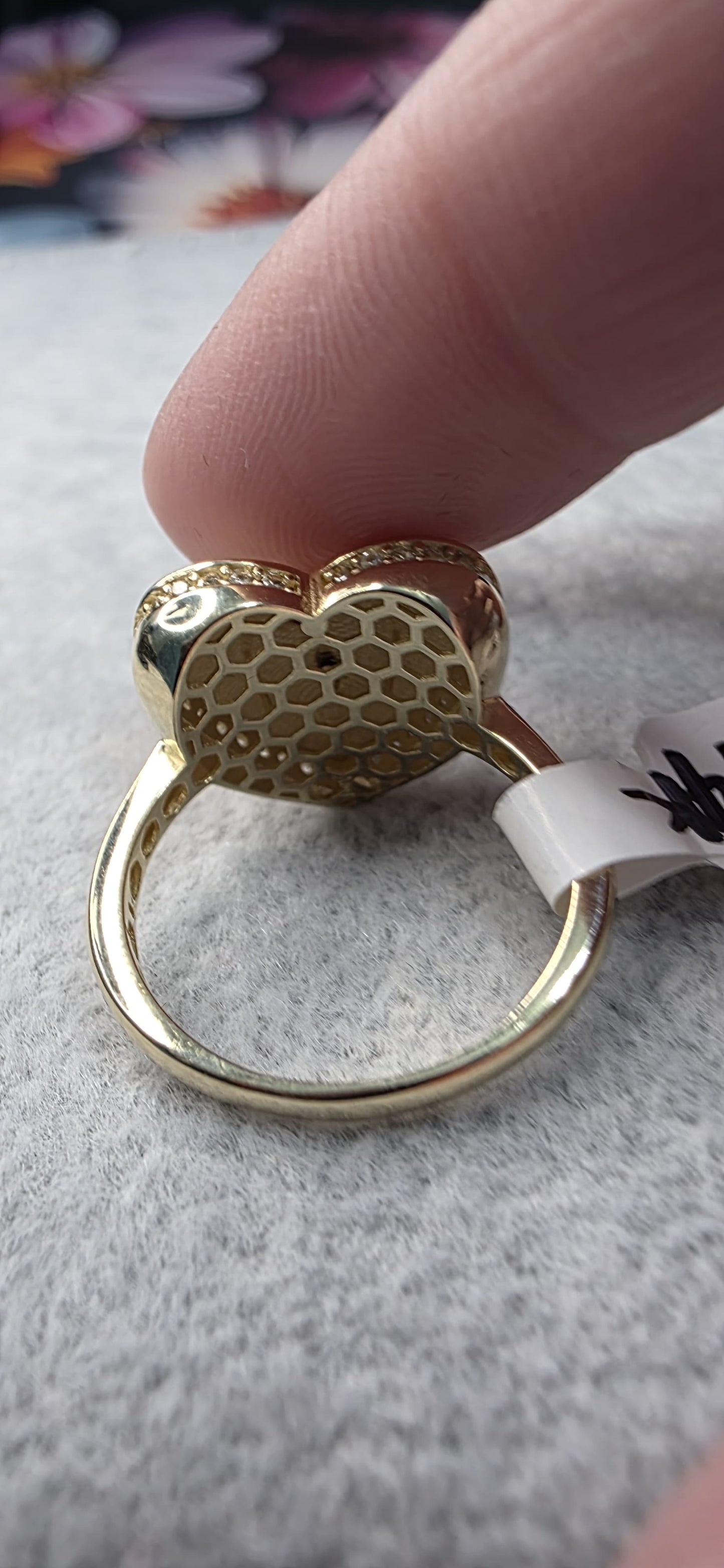 14K solid gold CC puffy heart ring with white stones.