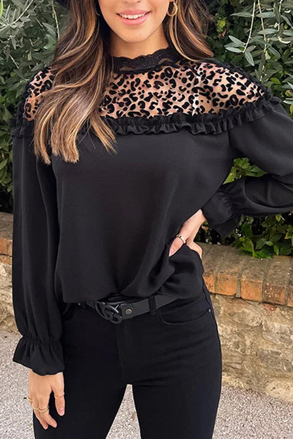 Black leopard mesh blouse