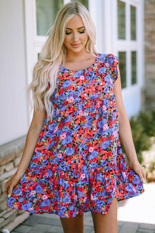 WS. Floral short ruffle mini dress
