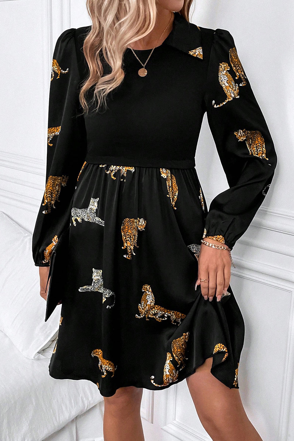 Black and leopard print long sleeves dress