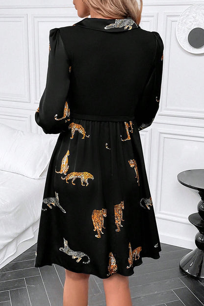 Black and leopard print long sleeves dress